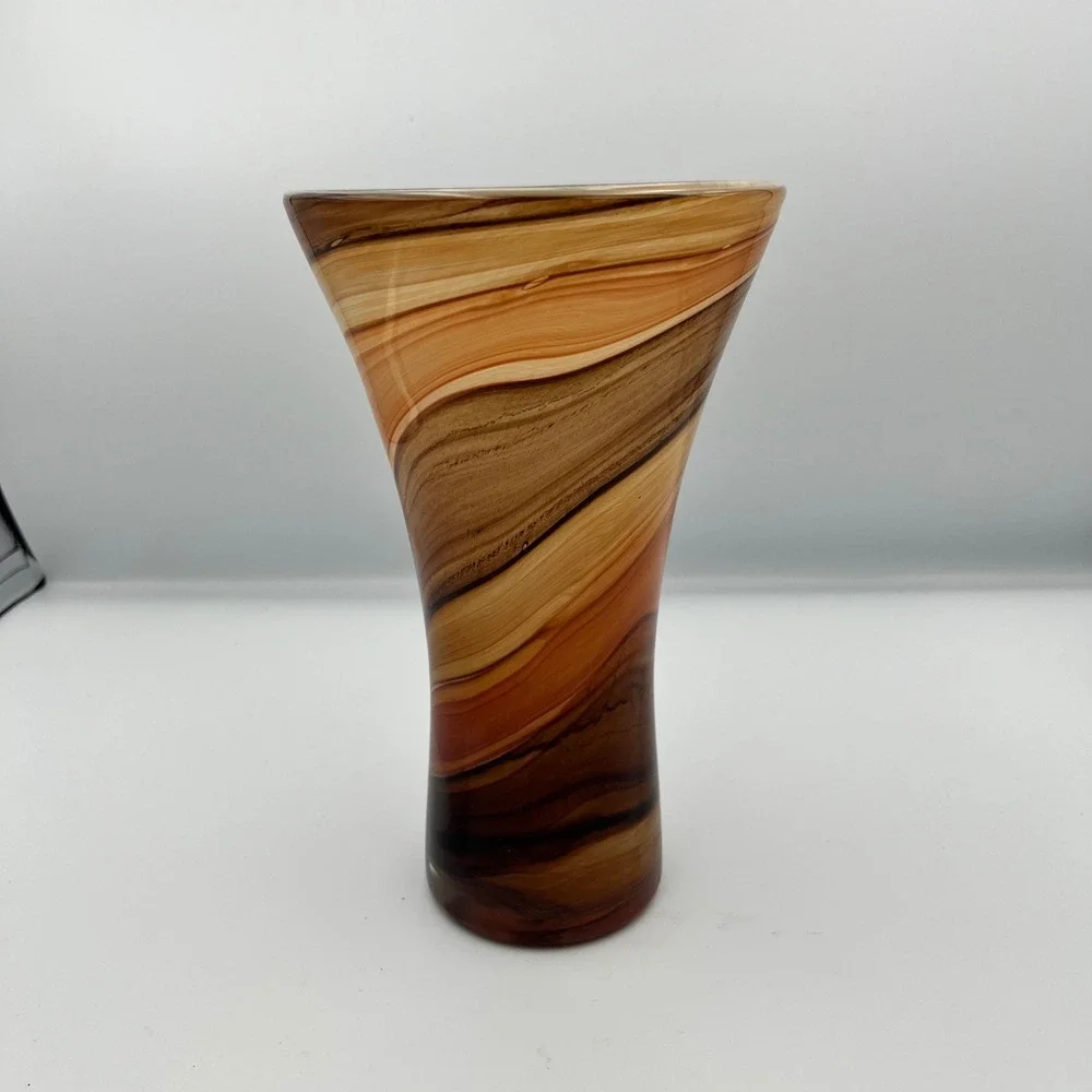 Art Glass Vase Brown Tan Orange Swirl Design‎ Home Decor Centerpiece Gift